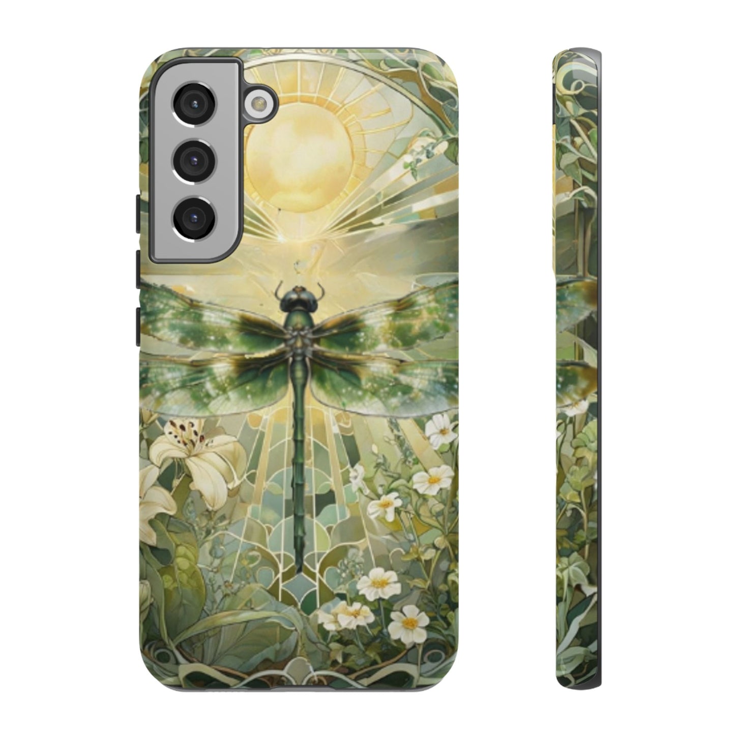 Emerald dragonfly art nouveau Samsung Galaxy S22 plus phone case shown in front and side view with botanical floral design