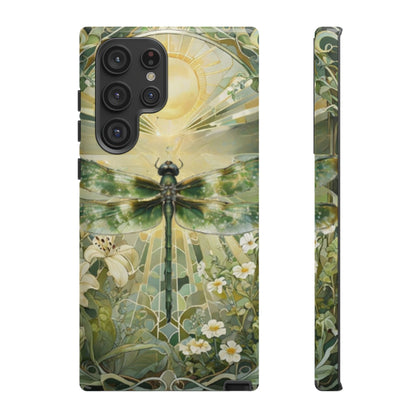 Emerald dragonfly art nouveau Samsung Galaxy S22 ultra phone case shown in front and side view with botanical floral design