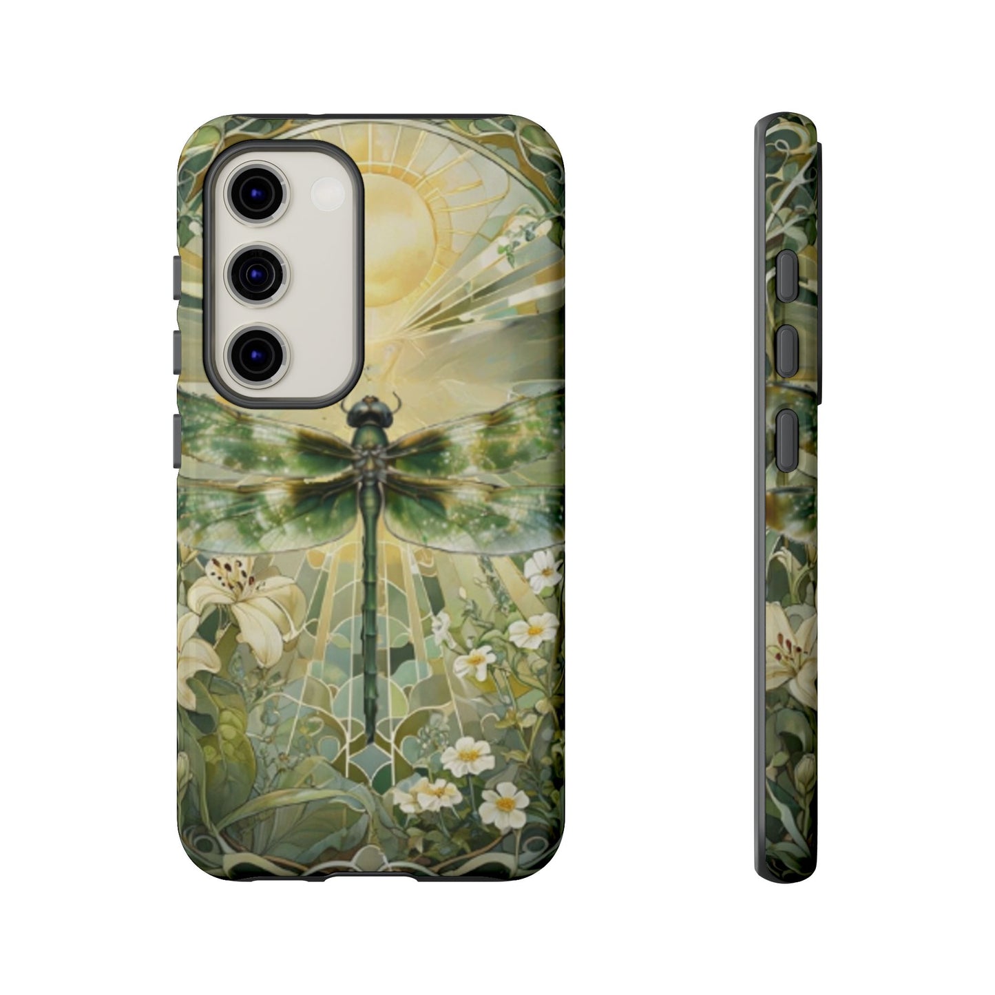 Emerald dragonfly art nouveau Samsung Galaxy S23 phone case shown in front and side view with botanical floral design