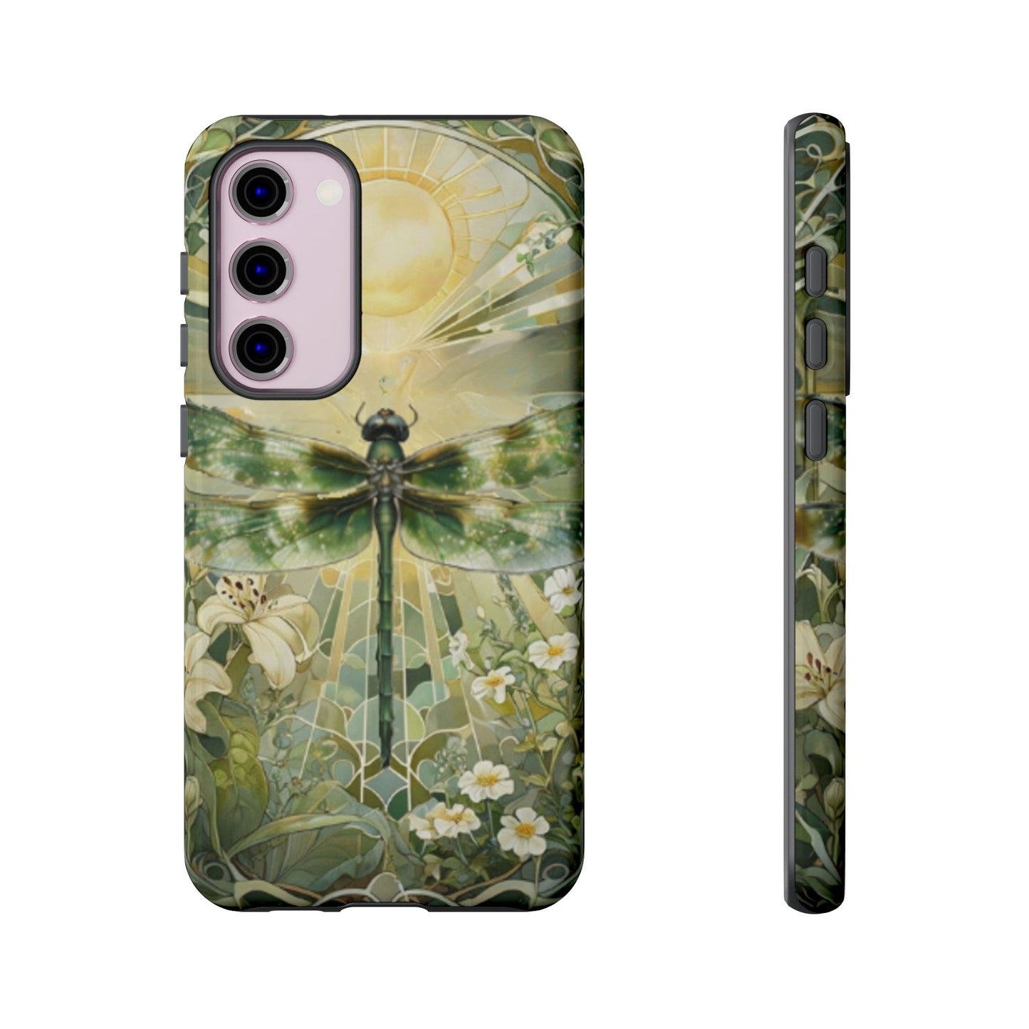 Emerald dragonfly art nouveau Samsung Galaxy S23 plus phone case shown in front and side view with botanical floral design