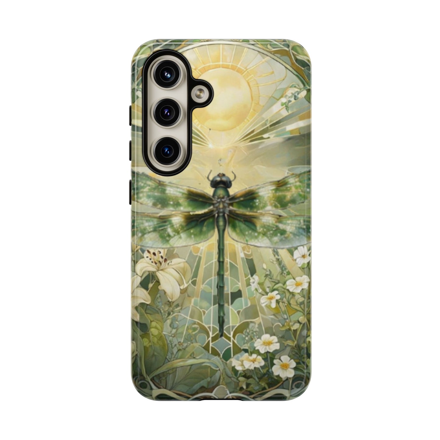 Emerald dragonfly art nouveau Samsung Galaxy S24 phone case shown in front view with botanical floral design