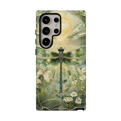 Emerald dragonfly art nouveau Samsung Galaxy S24 ultra phone case shown in front view with botanical floral design
