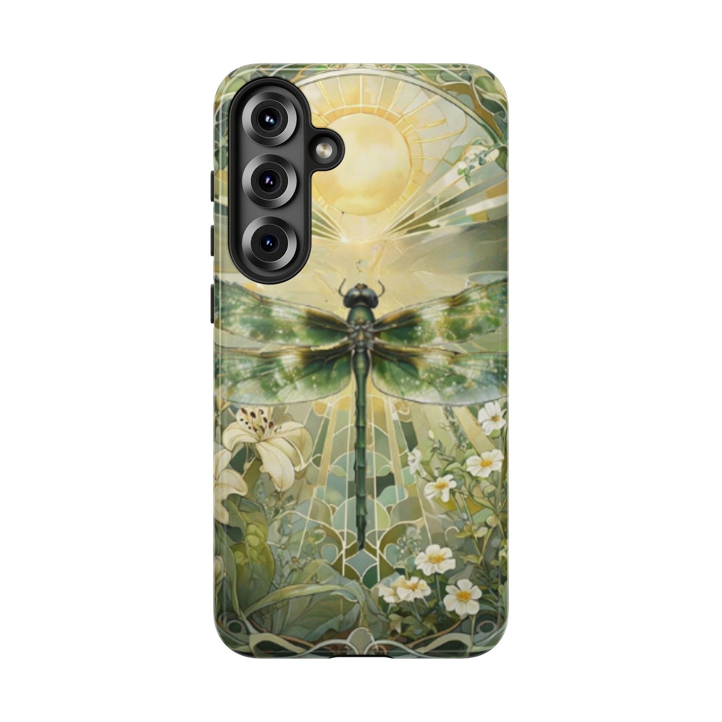 Emerald dragonfly art nouveau Samsung Galaxy S25 plus phone case shown in front view with botanical floral design