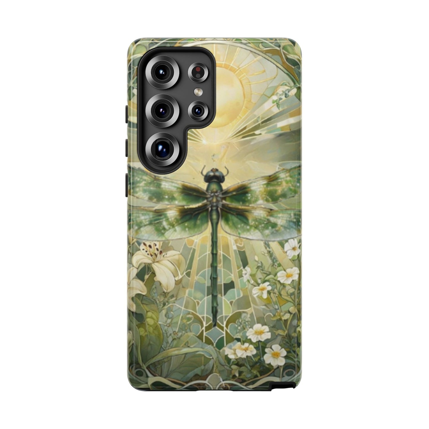 Emerald dragonfly art nouveau Samsung Galaxy S25 ultra phone case shown in front view with botanical floral design