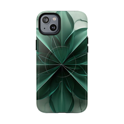 Emerald Bloom emerald, green floral iPhone 14 Plus MagSafe case featuring layered abstract botanical petals in deep green tones.