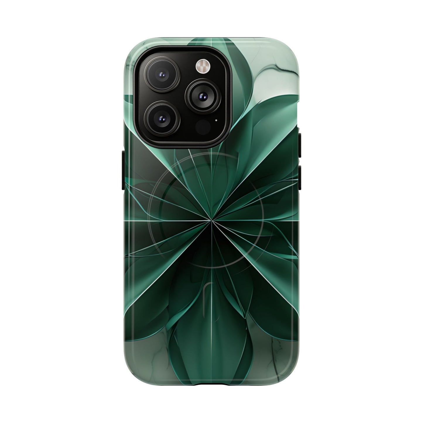 Emerald Bloom emerald, green floral iPhone 14 Pro MagSafe case featuring layered abstract botanical petals in deep green tones.