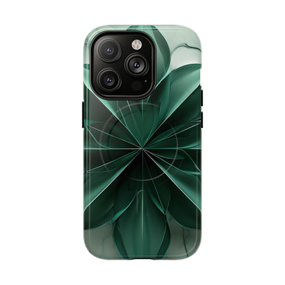 Emerald Bloom emerald, green floral iPhone 14 Pro MagSafe case featuring layered abstract botanical petals in deep green tones.