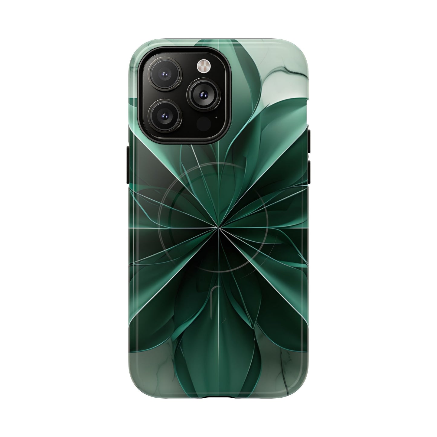 Emerald Bloom emerald, green floral iPhone 14 Pro Max MagSafe case featuring layered abstract botanical petals in deep green tones.