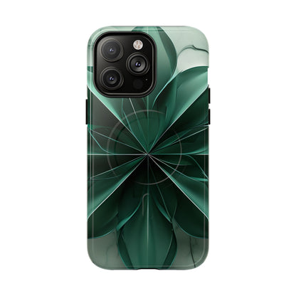 Emerald Bloom emerald, green floral iPhone 14 Pro Max MagSafe case featuring layered abstract botanical petals in deep green tones.