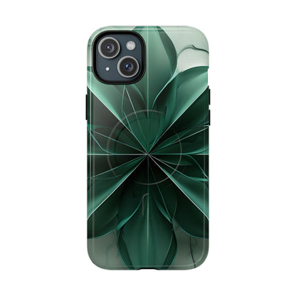 Emerald Bloom emerald, green floral iPhone 15 Plus MagSafe case featuring layered abstract botanical petals in deep green tones.