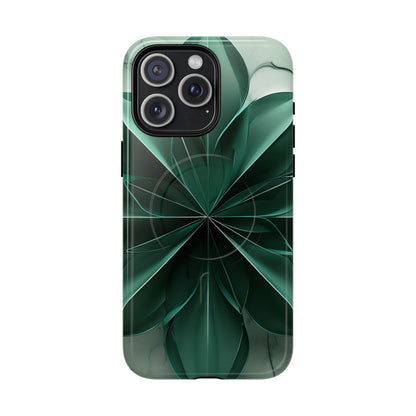 Emerald Bloom emerald, green floral iPhone 15 Pro Max MagSafe case featuring layered abstract botanical petals in deep green tones.