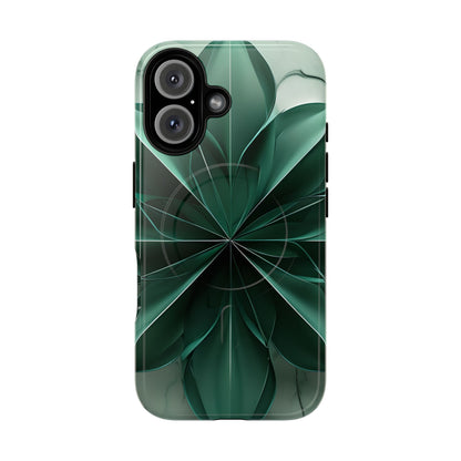 Emerald Bloom emerald, green floral iPhone 16 MagSafe case featuring layered abstract botanical petals in deep green tones.