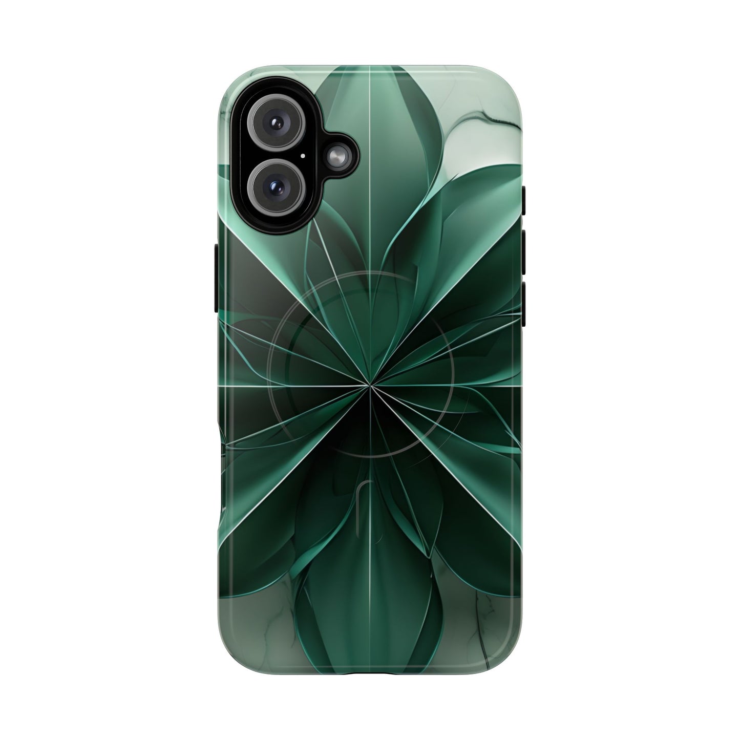 Emerald Bloom emerald, green floral iPhone 16 Plus MagSafe case featuring layered abstract botanical petals in deep green tones.