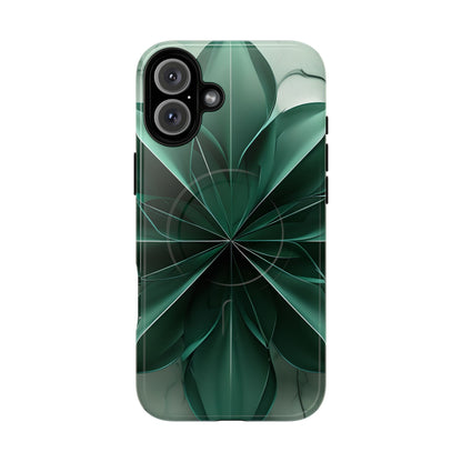 Emerald Bloom emerald, green floral iPhone 16 Plus MagSafe case featuring layered abstract botanical petals in deep green tones.