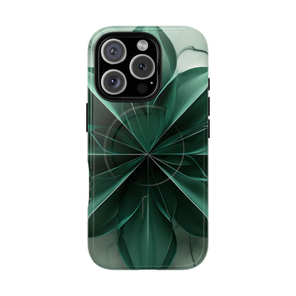 Emerald Bloom emerald, green floral iPhone 16 Pro MagSafe case featuring layered abstract botanical petals in deep green tones.