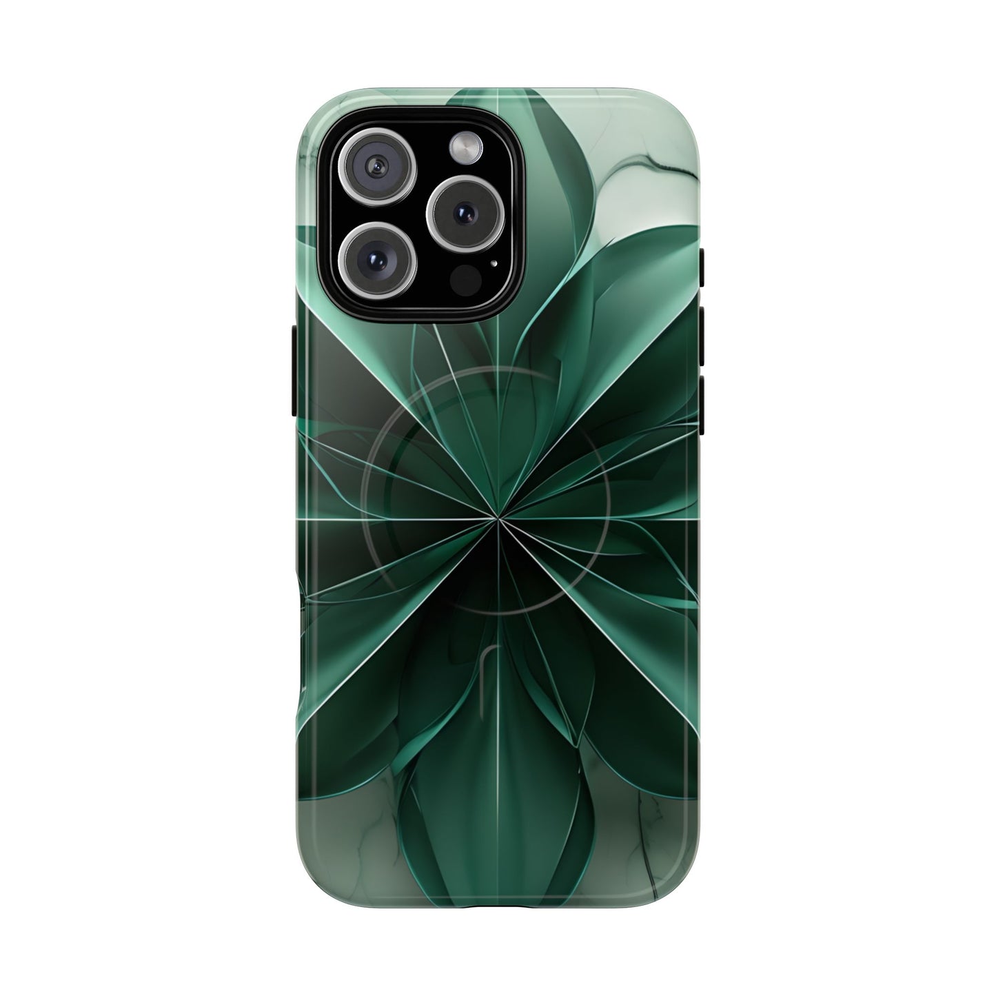 Emerald Bloom emerald, green floral iPhone 16 Pro Max MagSafe case featuring layered abstract botanical petals in deep green tones.