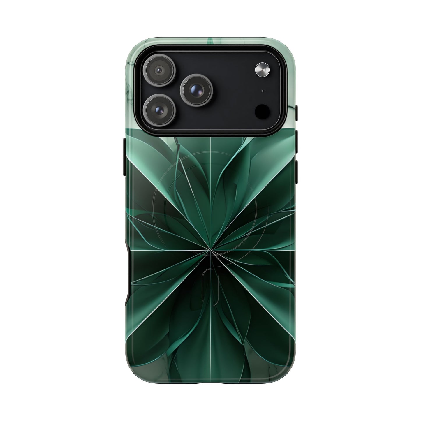 Emerald Bloom emerald, green floral iPhone 17 Pro Max MagSafe case featuring layered abstract botanical petals in deep green tones.