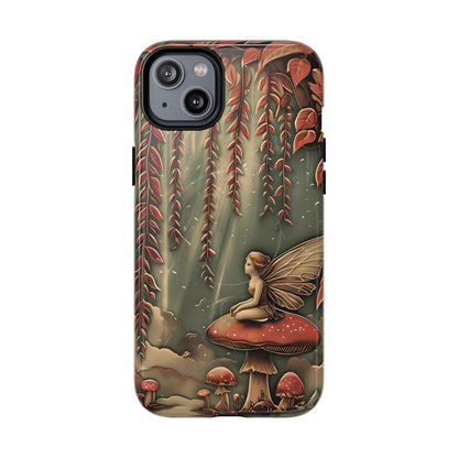 Willow Whisper fantasy iPhone 14 Plus MagSafe case featuring a fairy sitting on a red mushroom beneath cascading willow branches in a whimsical forest scene.