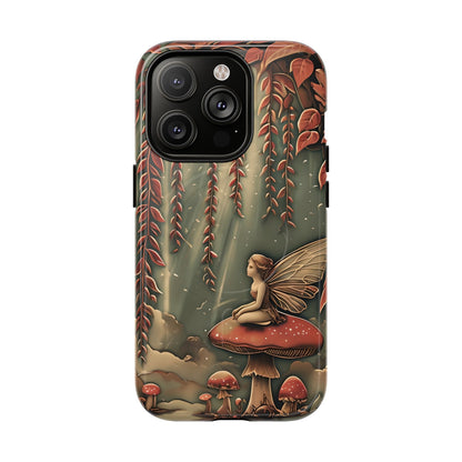 Willow Whisper fantasy iPhone 14 Pro MagSafe case featuring a fairy sitting on a red mushroom beneath cascading willow branches in a whimsical forest scene.