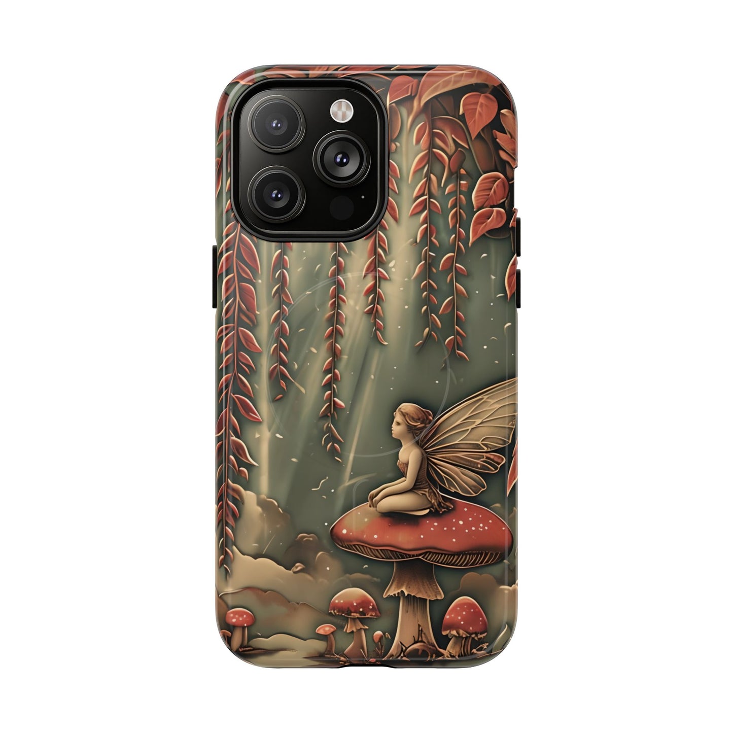 Willow Whisper fantasy iPhone 14 Pro Max MagSafe case featuring a fairy sitting on a red mushroom beneath cascading willow branches in a whimsical forest scene.