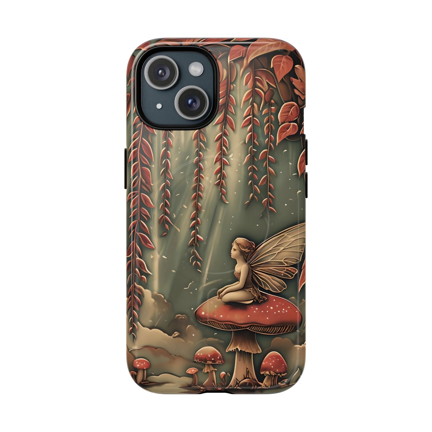 Willow Whisper fantasy iPhone 15 MagSafe case featuring a fairy sitting on a red mushroom beneath cascading willow branches in a whimsical forest scene.