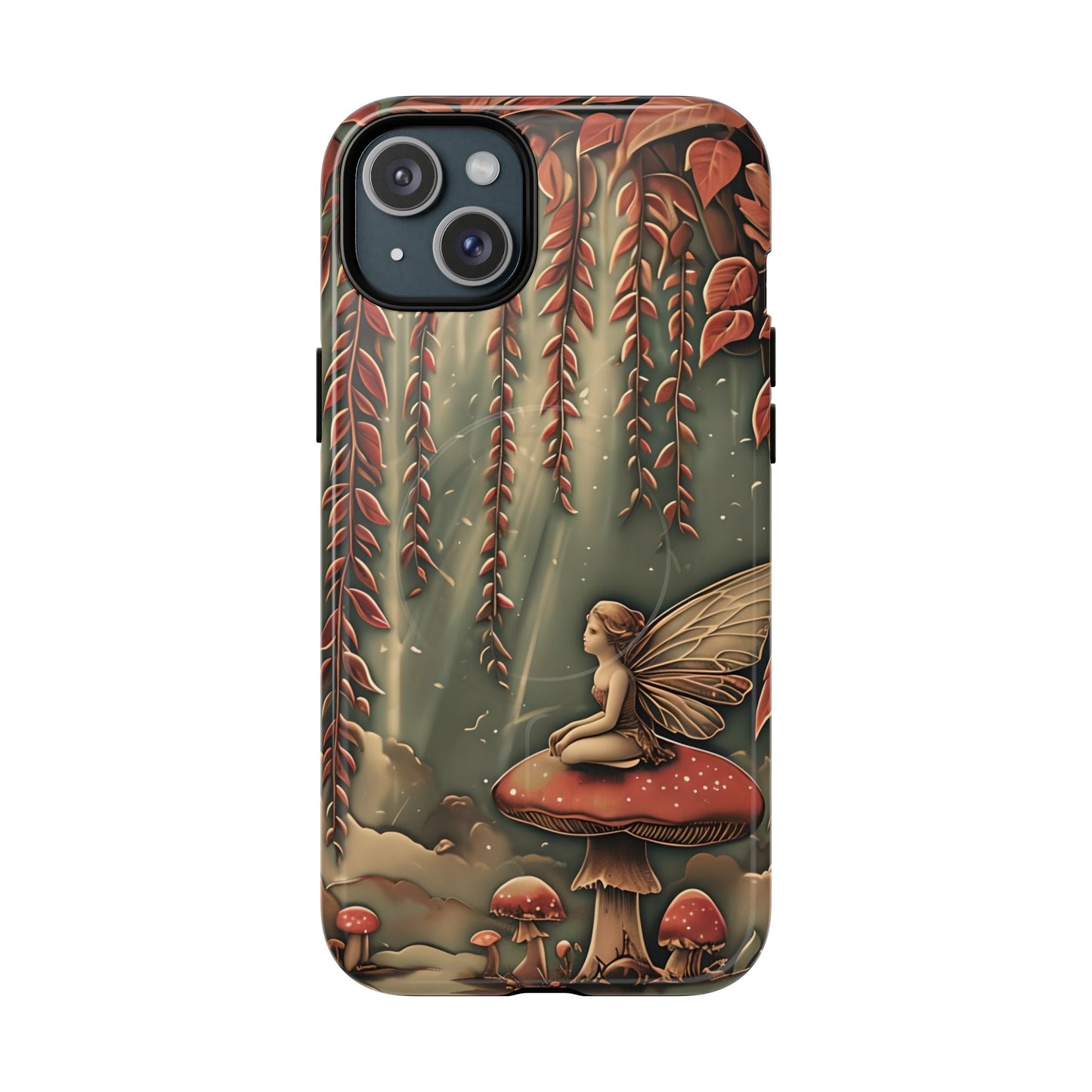 Willow Whisper fantasy iPhone 15 Plus MagSafe case featuring a fairy sitting on a red mushroom beneath cascading willow branches in a whimsical forest scene.