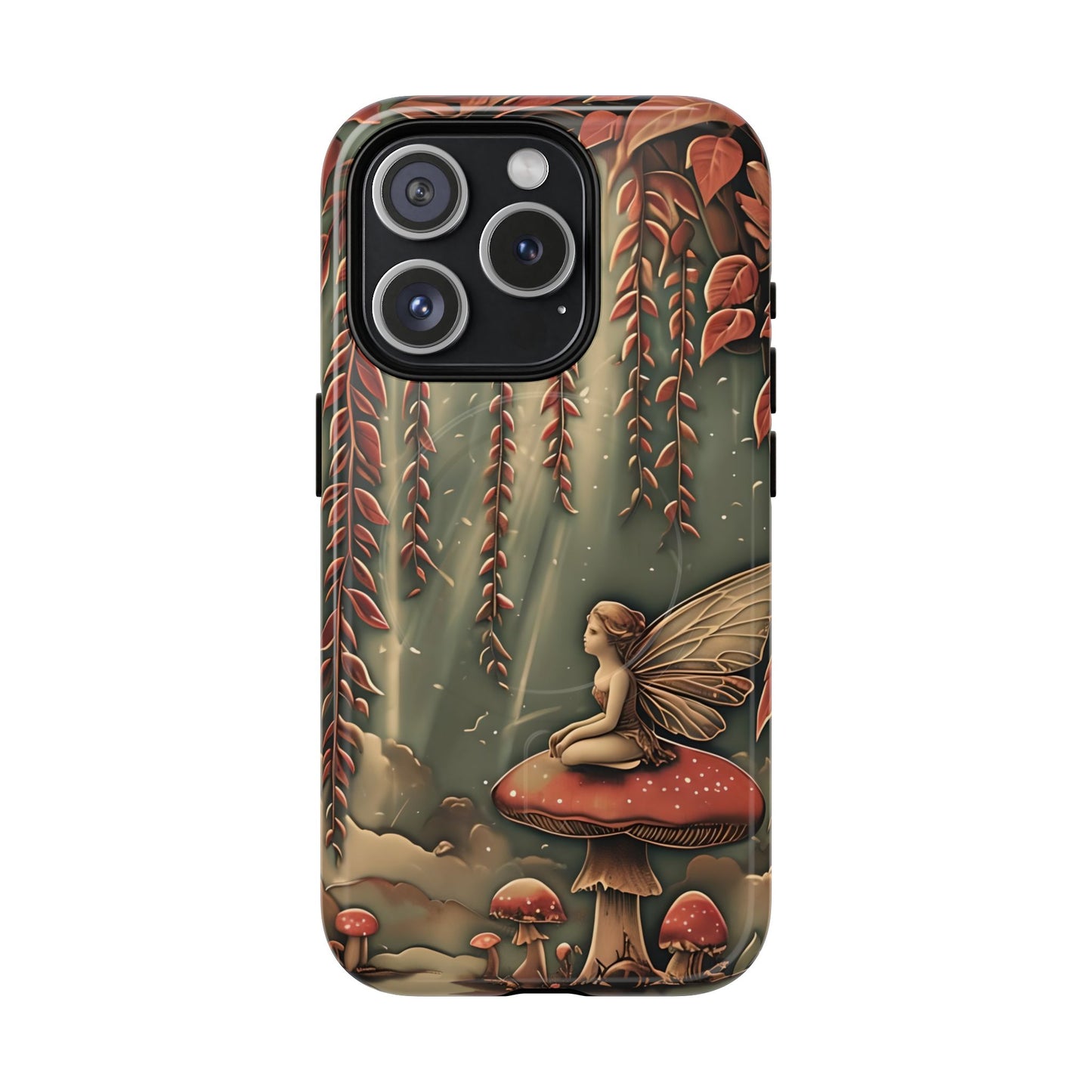 Willow Whisper fantasy iPhone 15 Pro MagSafe case featuring a fairy sitting on a red mushroom beneath cascading willow branches in a whimsical forest scene.
