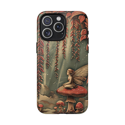 Willow Whisper fantasy iPhone 15 Pro Max MagSafe case featuring a fairy sitting on a red mushroom beneath cascading willow branches in a whimsical forest scene.
