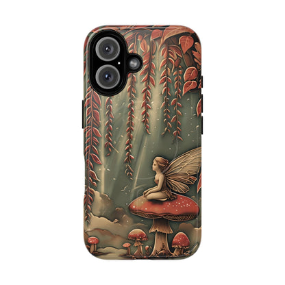 Willow Whisper fantasy iPhone 16 MagSafe case featuring a fairy sitting on a red mushroom beneath cascading willow branches in a whimsical forest scene.