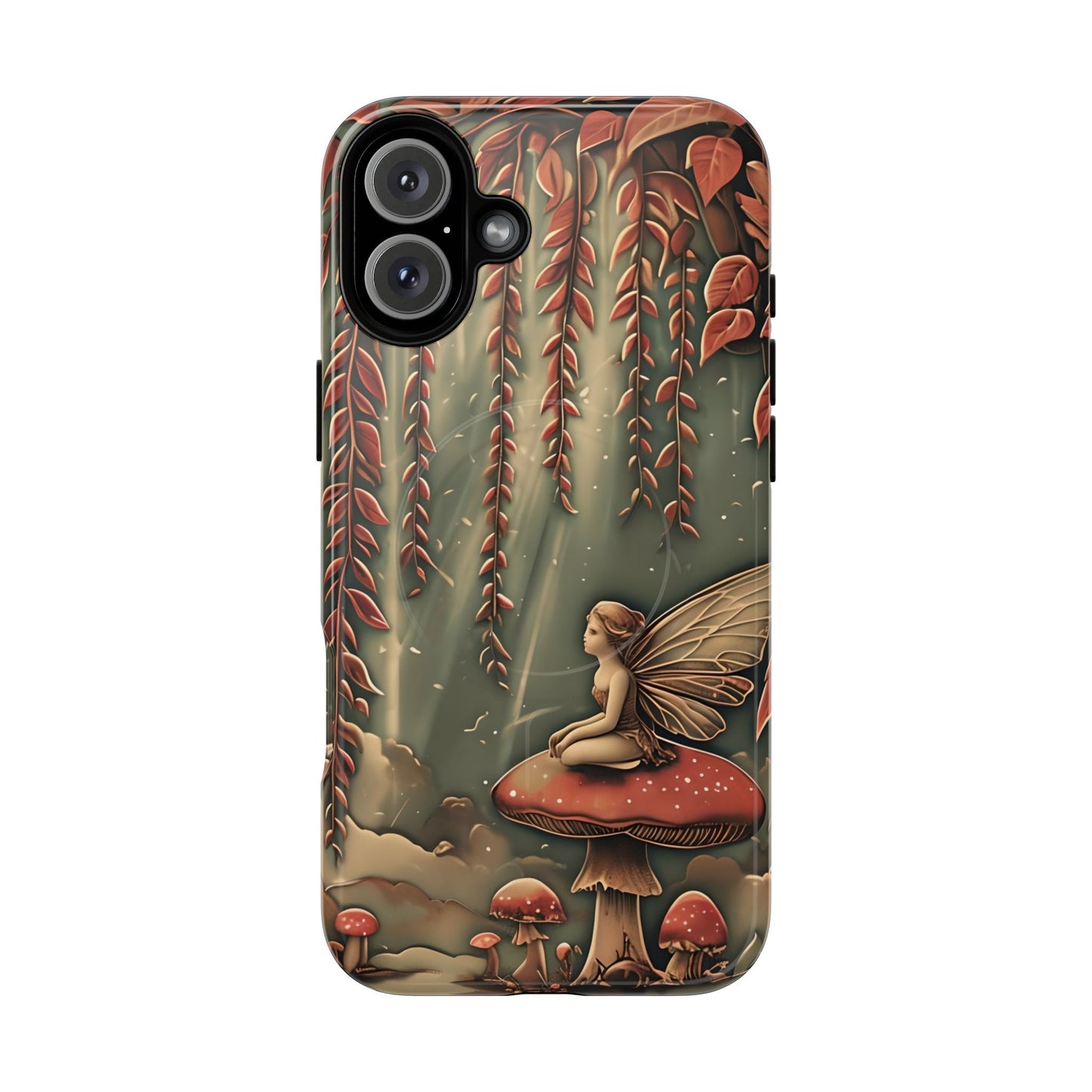 Willow Whisper fantasy iPhone 16 Plus MagSafe case featuring a fairy sitting on a red mushroom beneath cascading willow branches in a whimsical forest scene.