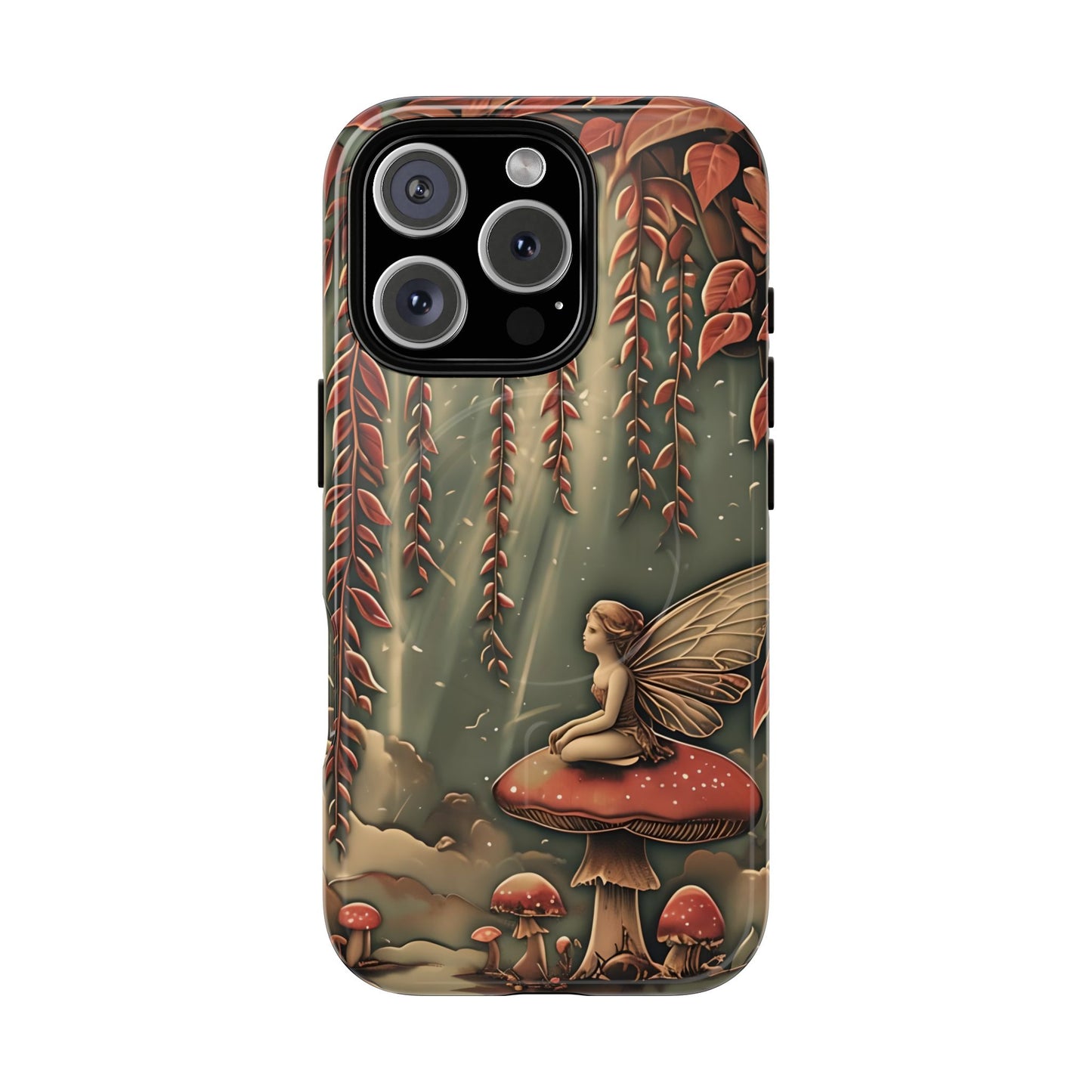 Willow Whisper fantasy iPhone 16 Pro MagSafe case featuring a fairy sitting on a red mushroom beneath cascading willow branches in a whimsical forest scene.