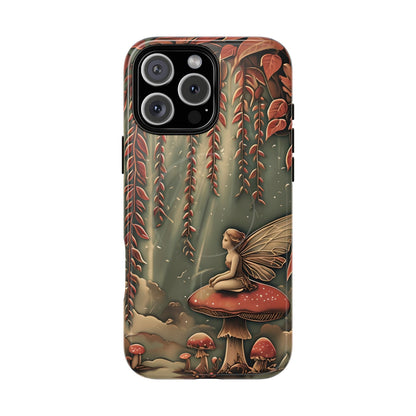 Willow Whisper fantasy iPhone 16 Pro Max MagSafe case featuring a fairy sitting on a red mushroom beneath cascading willow branches in a whimsical forest scene.