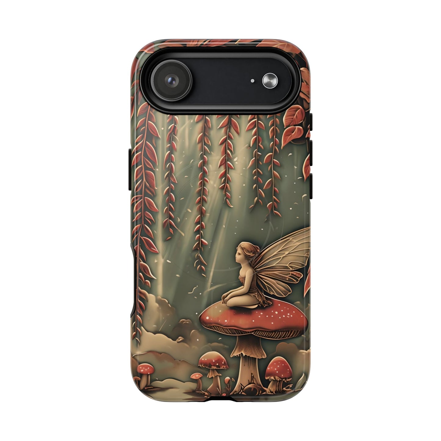 Willow Whisper fantasy iPhone 17 Air MagSafe case featuring a fairy sitting on a red mushroom beneath cascading willow branches in a whimsical forest scene.