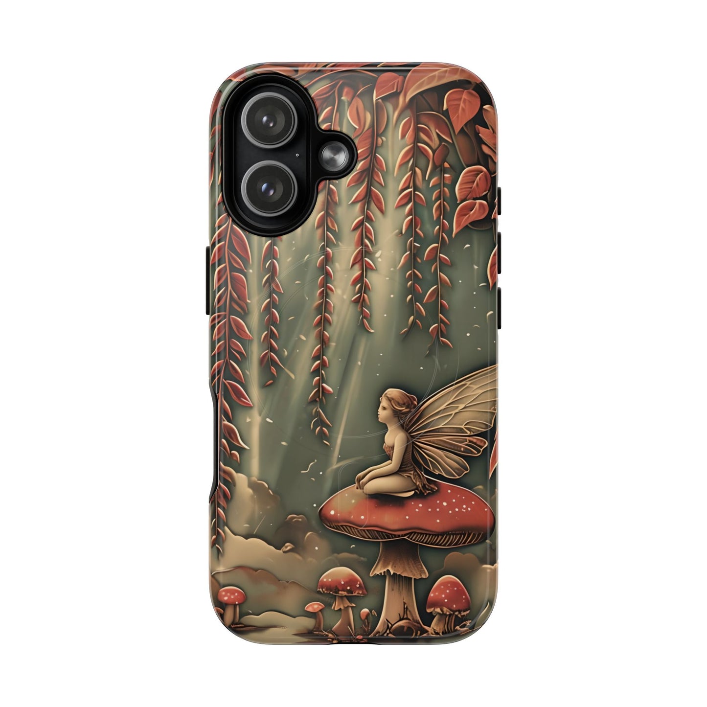 Willow Whisper fantasy iPhone 17 MagSafe case featuring a fairy sitting on a red mushroom beneath cascading willow branches in a whimsical forest scene.