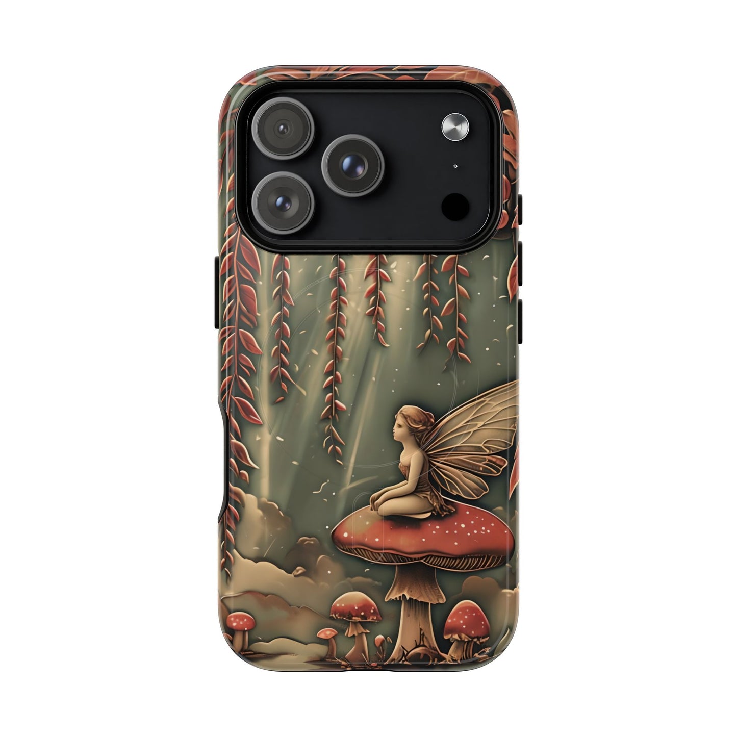 Willow Whisper fantasy iPhone 17 Pro MagSafe case featuring a fairy sitting on a red mushroom beneath cascading willow branches in a whimsical forest scene.