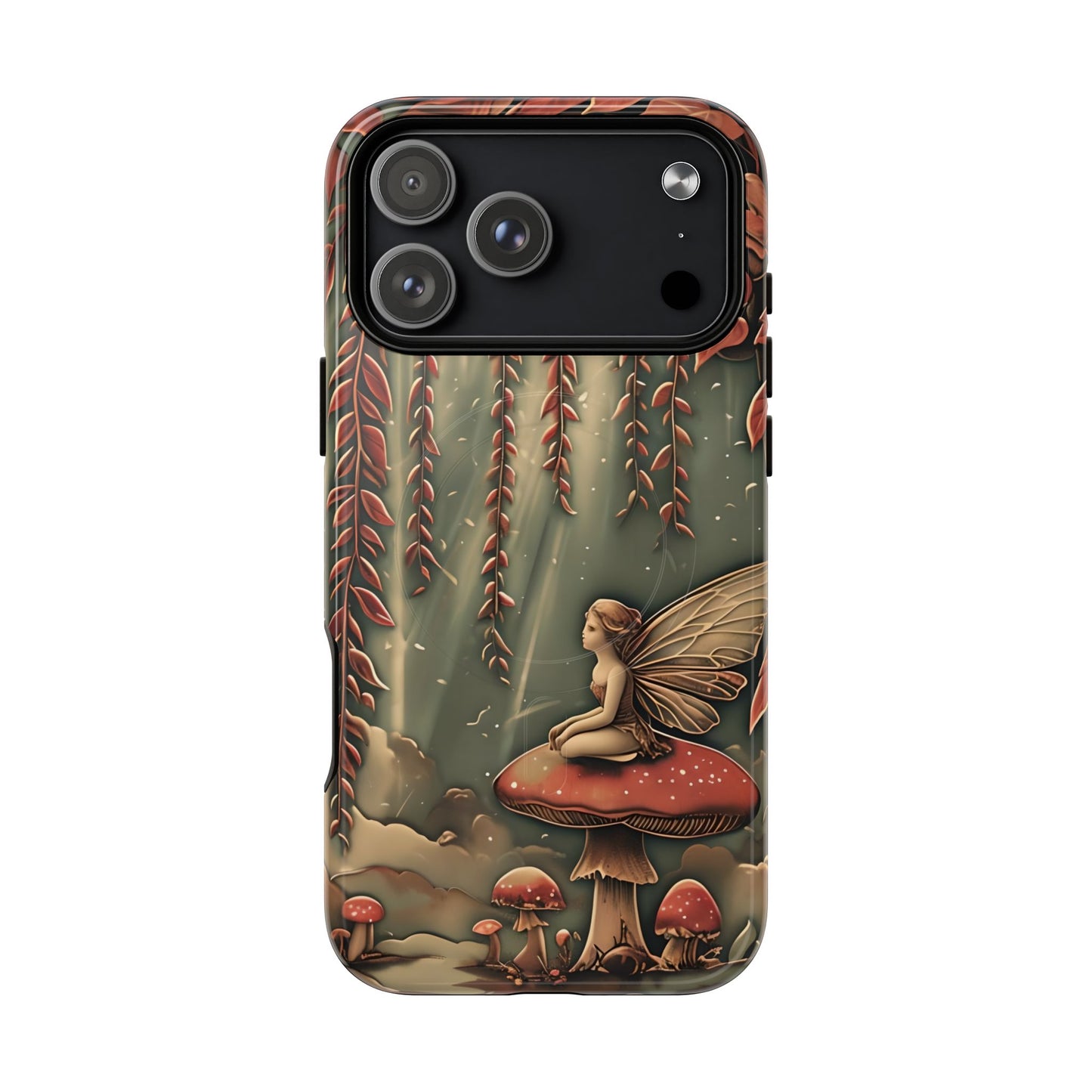 Willow Whisper fantasy iPhone 17 Pro Max MagSafe case featuring a fairy sitting on a red mushroom beneath cascading willow branches in a whimsical forest scene.