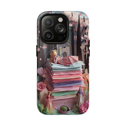 A Good Night's Sleep iPhone 14 Pro MagSafe case featuring a whimsical fairytale princess resting on stacked papers in a dreamy storybook forest scene.