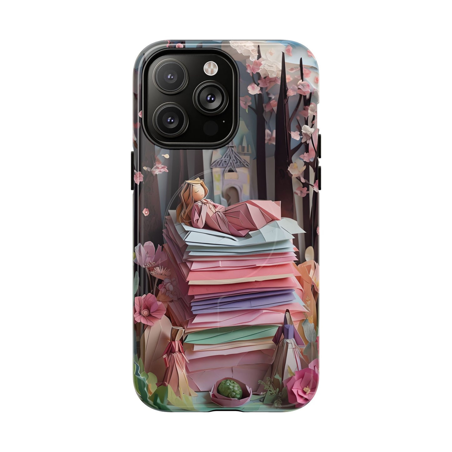 A Good Night's Sleep iPhone 14 Pro Max MagSafe case featuring a whimsical fairytale princess resting on stacked papers in a dreamy storybook forest scene.