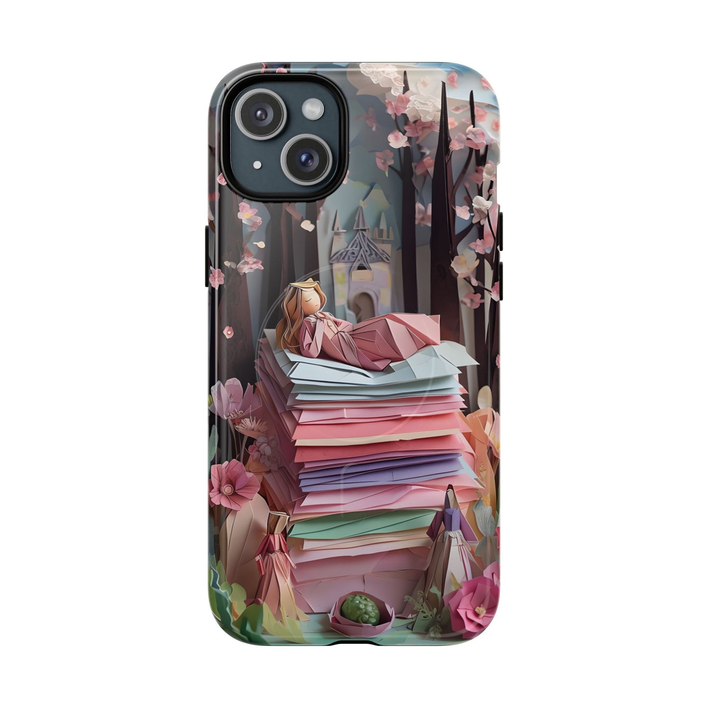 A Good Night's Sleep iPhone 15 Plus MagSafe case featuring a whimsical fairytale princess resting on stacked papers in a dreamy storybook forest scene.