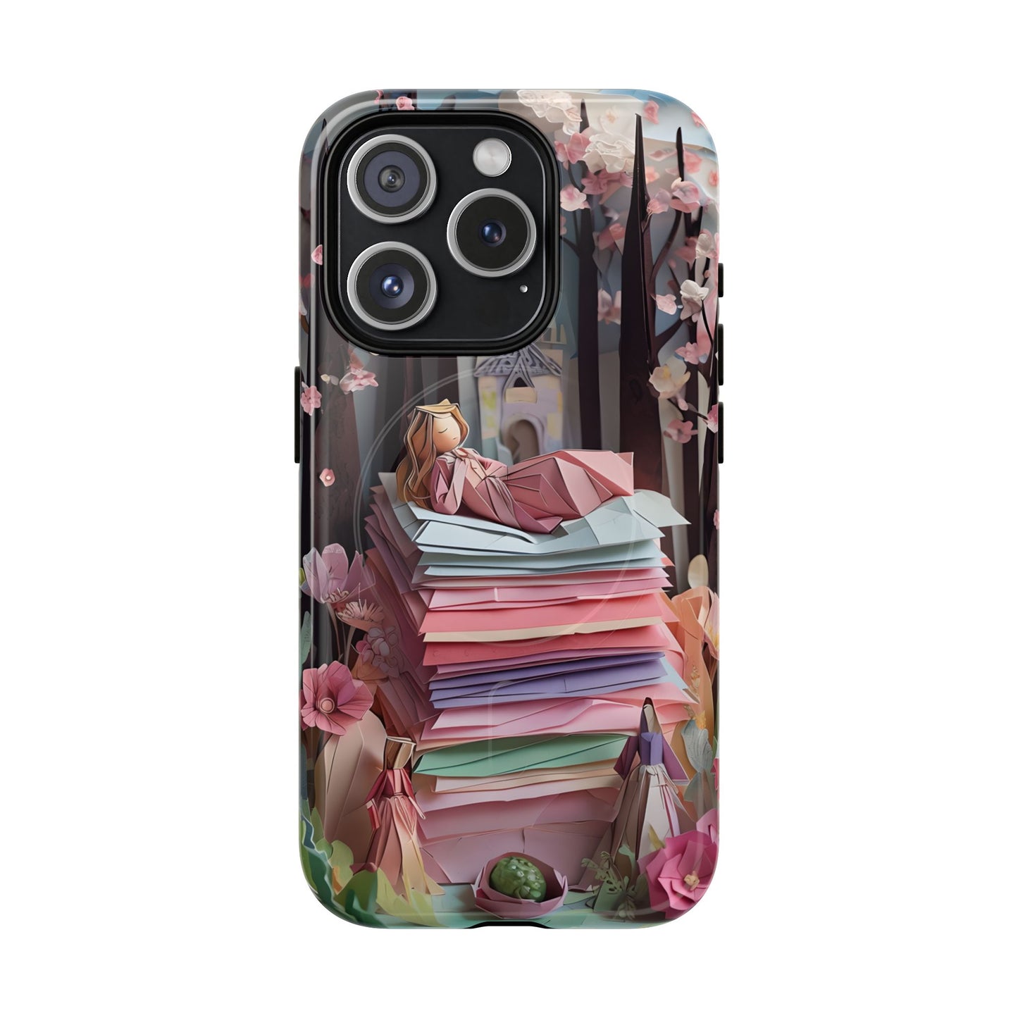 A Good Night's Sleep iPhone 15 Pro MagSafe case featuring a whimsical fairytale princess resting on stacked papers in a dreamy storybook forest scene.