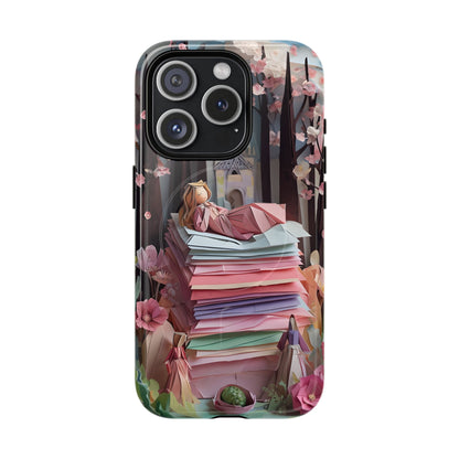 A Good Night's Sleep iPhone 15 Pro MagSafe case featuring a whimsical fairytale princess resting on stacked papers in a dreamy storybook forest scene.