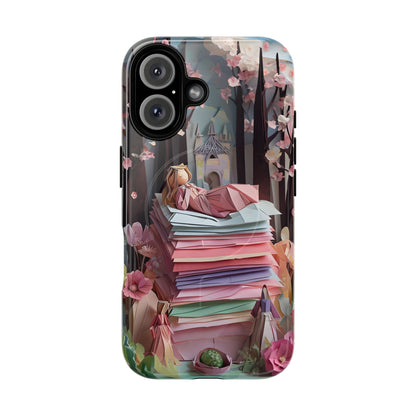 A Good Night's Sleep iPhone 16 MagSafe case featuring a whimsical fairytale princess resting on stacked papers in a dreamy storybook forest scene.