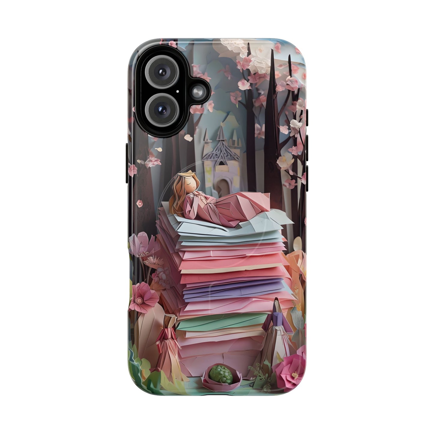 A Good Night's Sleep iPhone 16 Plus MagSafe case featuring a whimsical fairytale princess resting on stacked papers in a dreamy storybook forest scene.