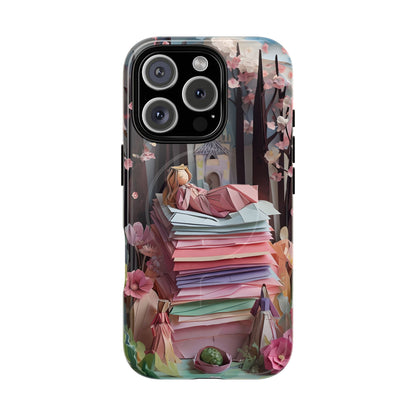 A Good Night's Sleep iPhone 16 Pro MagSafe case featuring a whimsical fairytale princess resting on stacked papers in a dreamy storybook forest scene.