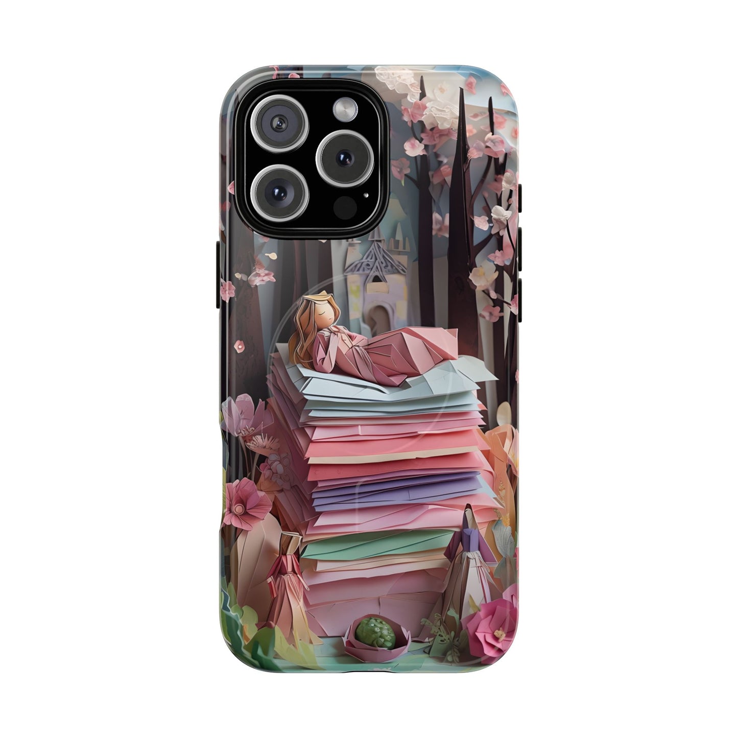 A Good Night's Sleep iPhone 16 Pro Max MagSafe case featuring a whimsical fairytale princess resting on stacked papers in a dreamy storybook forest scene.