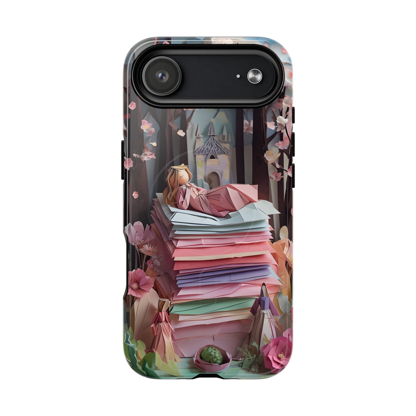 A Good Night's Sleep iPhone 17 Air MagSafe case featuring a whimsical fairytale princess resting on stacked papers in a dreamy storybook forest scene.