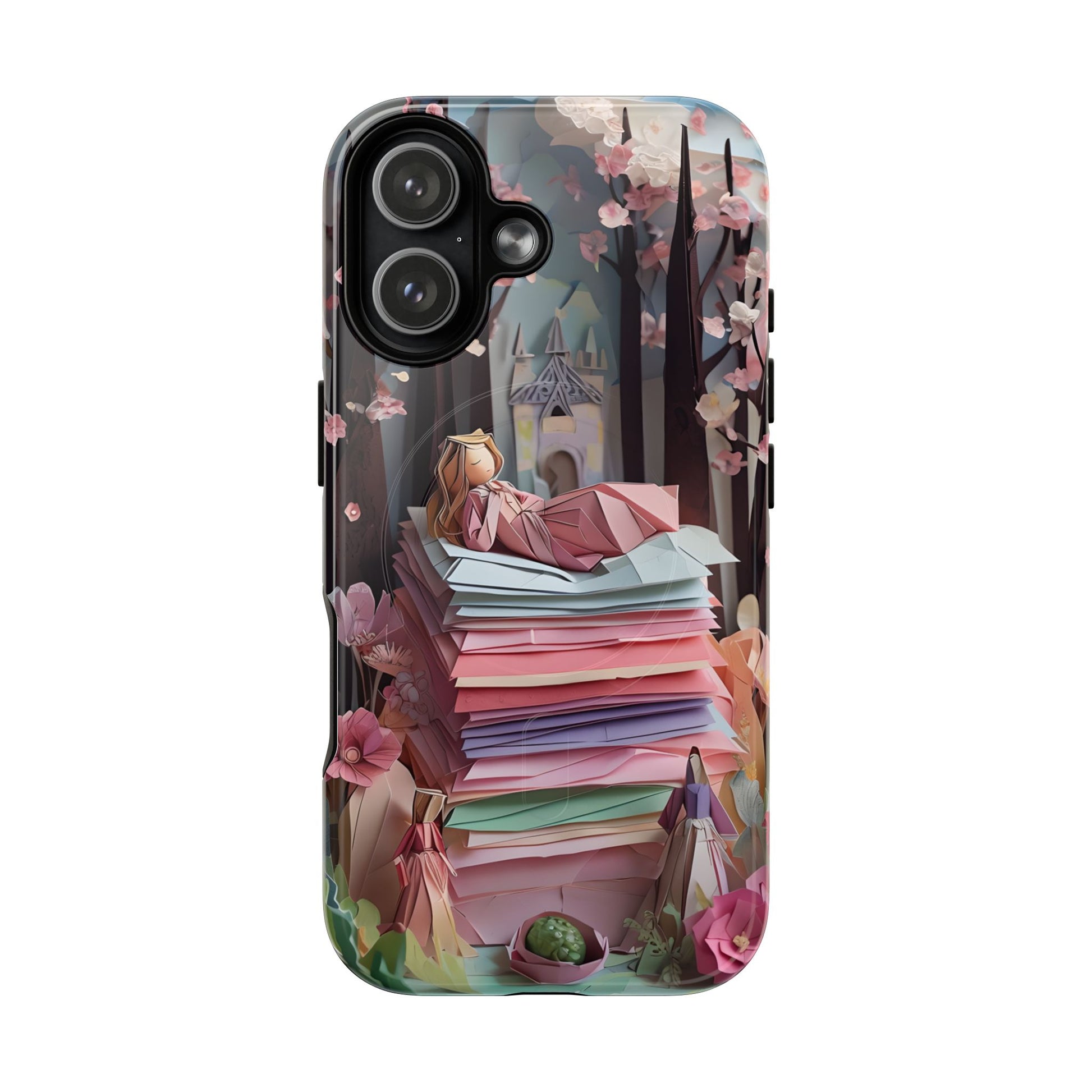 A Good Night's Sleep iPhone 17 MagSafe case featuring a whimsical fairytale princess resting on stacked papers in a dreamy storybook forest scene.