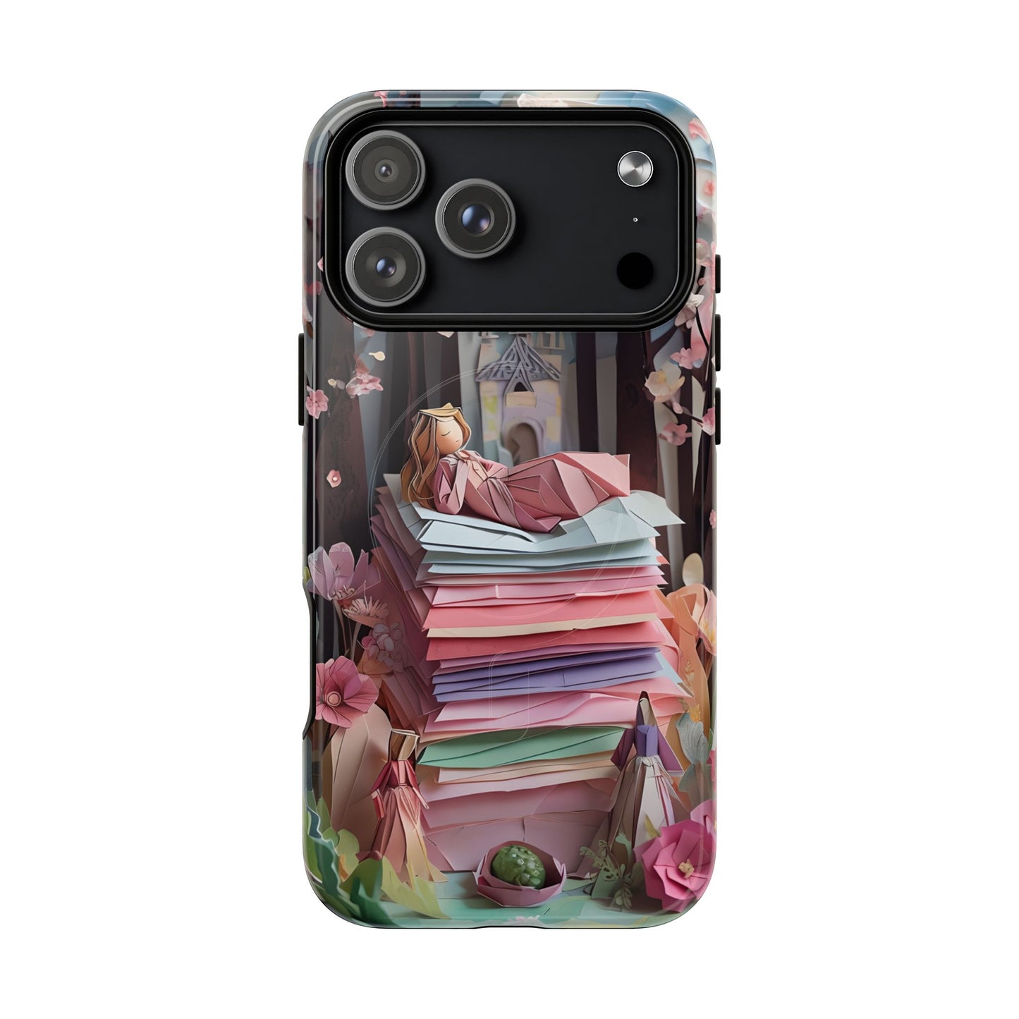 A Good Night's Sleep iPhone 17 Pro Max MagSafe case featuring a whimsical fairytale princess resting on stacked papers in a dreamy storybook forest scene.