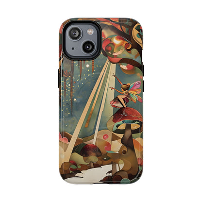 Enchanted Orchard iPhone 14 MagSafe case featuring a whimsical fairy sitting on a mushroom with glowing forest elements and warm fantasy tones.