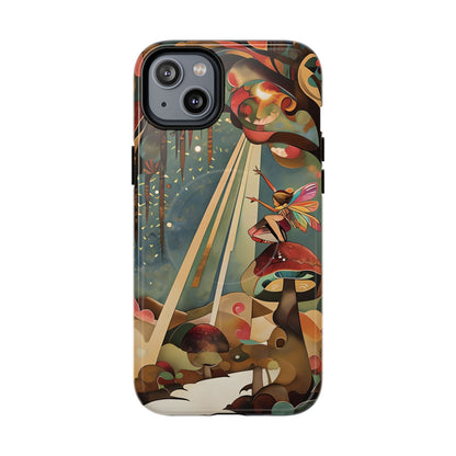 Enchanted Orchard iPhone 14 Plus MagSafe case featuring a whimsical fairy sitting on a mushroom with glowing forest elements and warm fantasy tones.